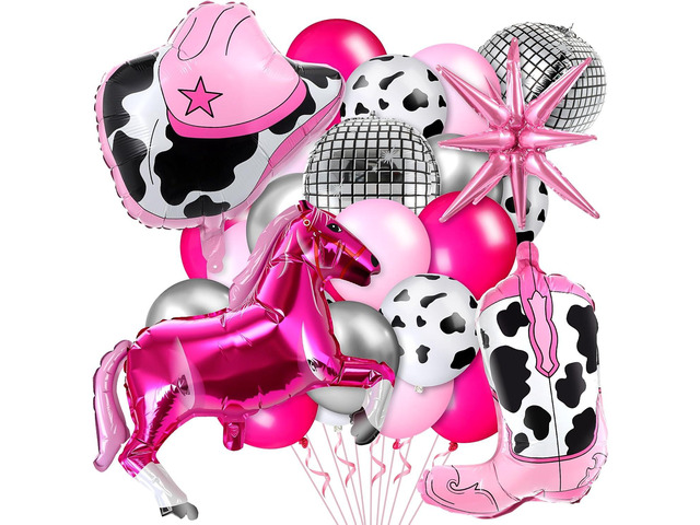 Hungdao 23 Pcs Cowgirl Theme Party Balloons Set Cow Print Cowgirl Hat Boot Pink Silver Star Balloons Ribbon for Western Theme Decorations Retro...