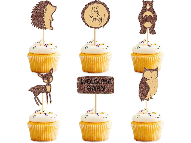 Ercadio 24 Pcs Woodland Party Cupcake toppers Picks Welcome Baby Oh Baby Party Decorations Woodland Animals Cake Woodland Theme Baby Boy Girl...