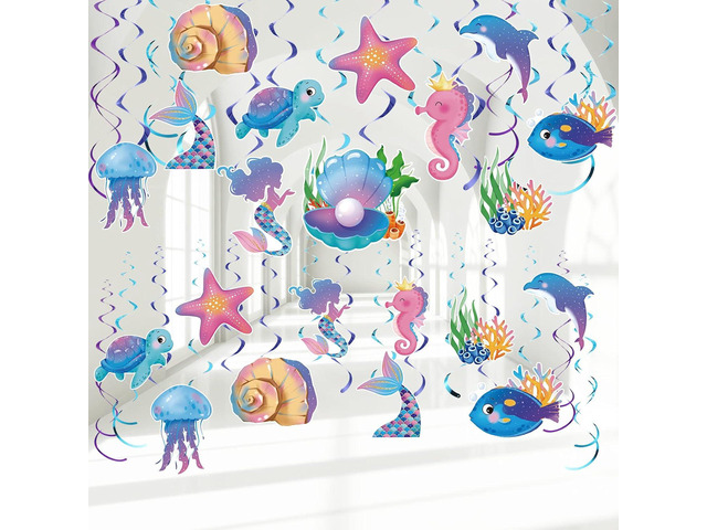 52 Pcs Mermaid Hanging Swirl Ceiling Streamers Decorations for Birthday, Ocean Theme, Under The Sea, Jellyfish Party, Baby Shower Supplies