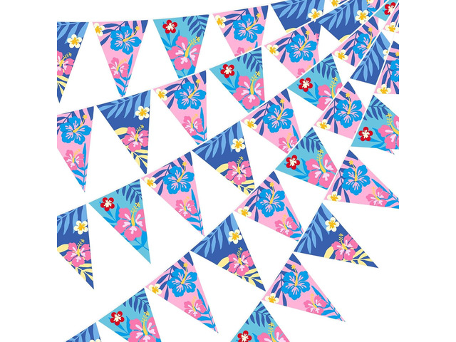 Pasimy 5 Pcs Cartoon Hawaiian Party Decorations Pink Blue Hawaiian Hibiscus Pennant Banners Flower Bunting Pre-Strung Paper Triangle Flags for...