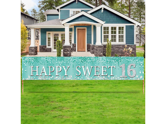 16th Birthday Decorations, Teal Silver Happy Sweet 16 Banner for Girls, Breakfast Blue Sweet 16 Birthday Yard Banner Sign Party Supplies, Large...
