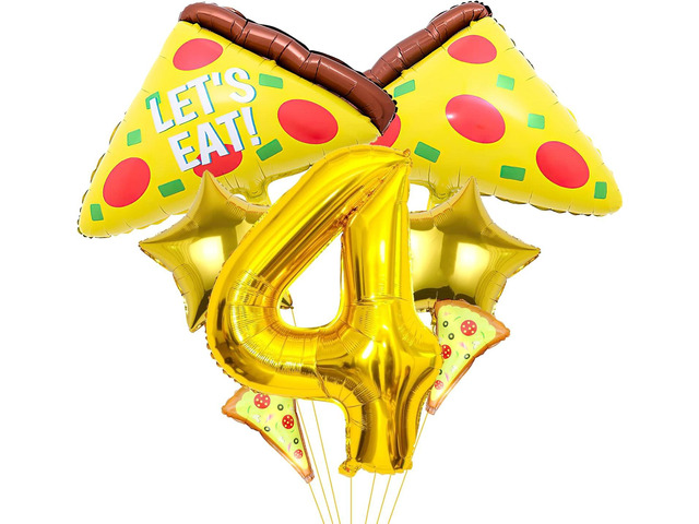7pcs Pizza Balloons, Pizza Birthday Number Mylar Foil Balloon Pizza Slice Party Supplies Pizzaria Birthday Decorations (4th)
