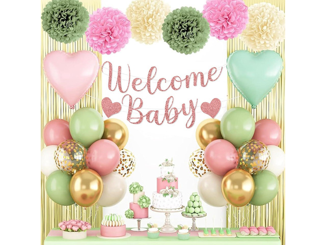 Dusty Pink Green Gold Baby Shower Decorations,Welcome Baby Banner with Sand White Sage Green Balloons Fringe Curtains Paper Pom Poms Flowers...