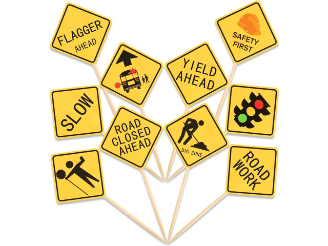 Outus 100 Pieces Construction Cupcake Topper Road Sign Birthday Cake Toppers Construction Theme Cupcake Toppers Cake Decorations Road Sign Picks...