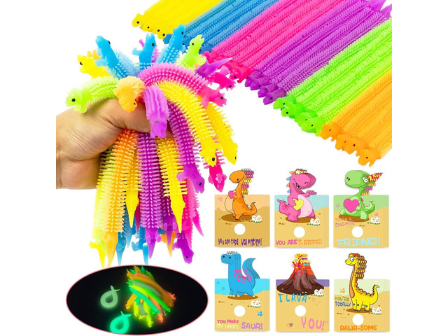 Valentines Day Cards for Kids - 24Pcs Dinosaur Cards With Glow in Dark Stretchy String Sensory Fidget Toys for Party Favors, Classroom Exchange...