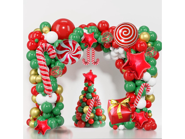 PERPAOL 124pcs Christmas Balloons Garland Arch Kit, Red Green Gold Balloons with Foil Candy Stars Cane Balloons for Christmas Holiday Candy Theme...