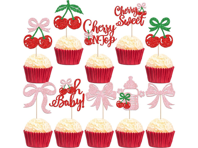 30 PCS Cherry Oh Baby Cupcake Toppers Glitter Pink Bow Cherry Cupcake Picks Cherry On Top Baby Shower Decorations for Sweet Fruit Theme Baby Shower...