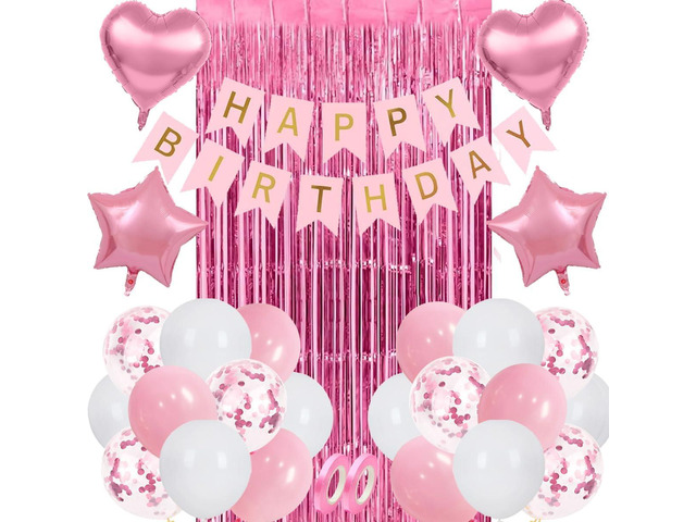 Pink Birthday Party Decoration for Women, Happy Birthday Party Decoration, Pink Fringe Curtain, Pink Heart Star Foil Confetti Balloons, for Women...