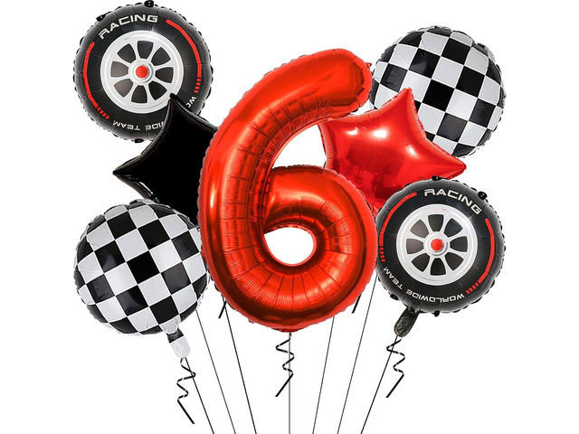 Race Car Balloons Birthday Decorations - 40 Inch Mylar Red Number 6 Balloons - Black Foil Checkered Race Car Balloons for 6st Birthday Race Car...