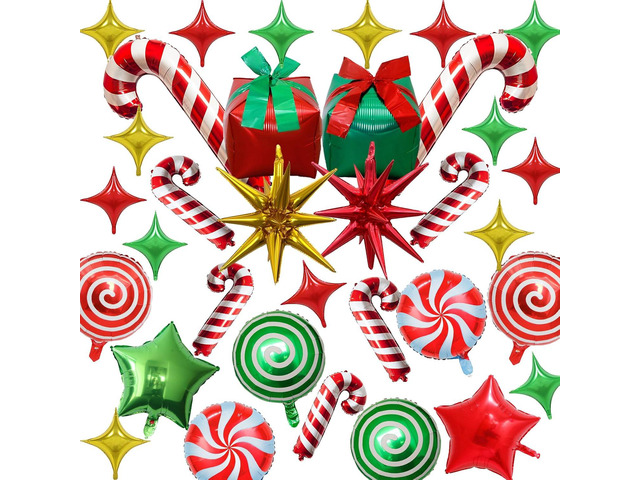 34 Pcs Christmas Foil Balloons Set, Christmas Round Swirl Candy Cane Gift Box and Explosion Star Mylar Balloons, Red Green Gold Xmas Party...