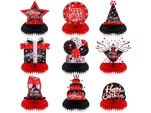 Leyndo 9 Pcs Red and Black Birthday Table Decorations Honeycomb Centerpieces for Tables Red Black Topper Signs for 16th to 60th Birthday Party...