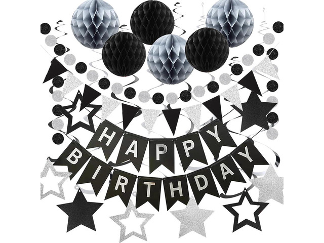 Black and Silver Birthday Decorations, Happy Birthday Banner with Honeycomb Ball, Star Hanging Swirl Streamer, Circle Dot Garland Decorations -...