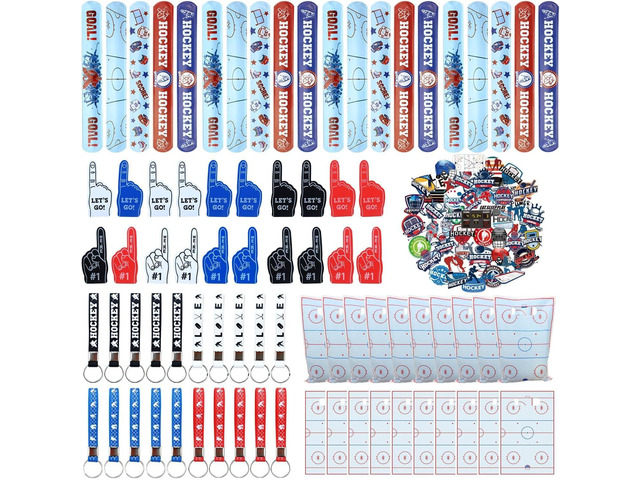 130PCS Hockey Party Favors - Incliding Hockey Keychains, Ice Hockey Gift Bags, Slap Bracelets, Hockey Stickers, Sports Mini Foam Fingers for Boys...