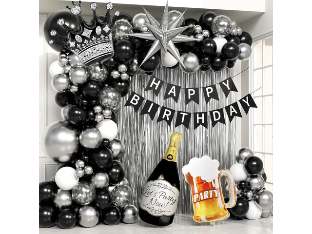 Black and Silver Birthday Party Decorations, Black Silver White Foil Balloons Happy Birthday Banner Fringe Curtains for 16th 18th 21st 24th 32th...