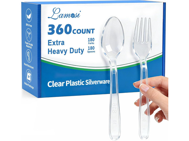 Lamosi 360 Count Extra Heavy Duty Clear Plastic Forks and Spoons, 180 Forks, 180 Spoons, Disposable Plastic Silverware BPA-Free, Heat Resistant for...