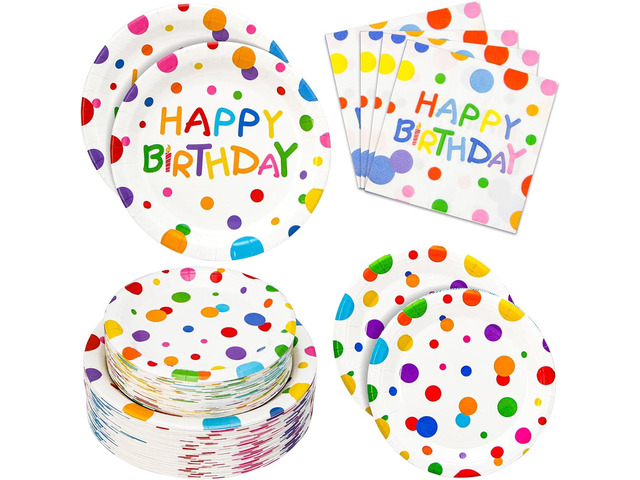 180PCS Happy Birthday Party Supplies Serves 60,Rainbow Dot Party Paper Plates and Napkins Set for Kids Boys Girls Birthday Party Decorations
