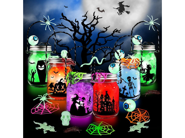 Shemira Halloween Craft Kit - 6pc Glass Mason Jar DIY Lantern Kit, Party Supplies for Kids