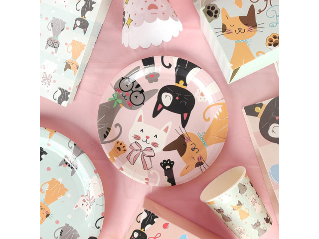 146Pcs Serves 16 Cat Theme Birthday Party Decorations Set,Kitten Disposable tableware,9in/7in Plates,Napkins,Cups,Knives,Forks,Spoons,Cupcake...