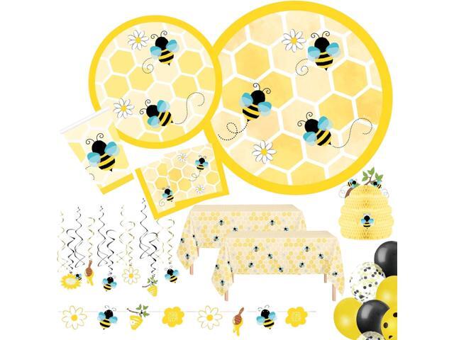 Serves 24 Ultimate Bumble Bee Party Supplies Includes Plates,Napkins,Table Covers,Balloons, Banner, Swirls, Centerpiece, Ideal for Birthday, Baby.