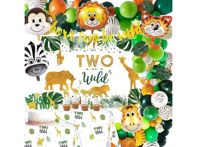 Two Wild Birthday Decorations - Safari Jungle Theme 2nd Birthday Party Supplies Includes Banner, Backdrop, Balloons Arch, Tablecloth, Topper, Two.