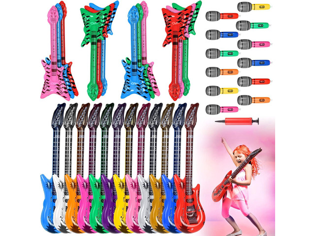37 Pcs Inflatable Rock Star Instrument Set for Props Party 12 Blow up Guitar 12 Inflatable Microphone 12 Bass with a Pump for 80s 90s Themed...