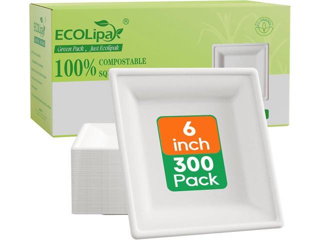 ECOLipak 6 Inch Compostable Square Paper Plates, 300 Count Heavy Duty White Small Paper Appetizer Plates, Disposable Biodegradable for Dessert.