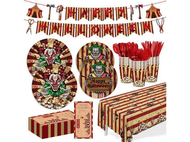 170pcs Halloween Evil Circus Plates Napkins Party Decorations Banner Tablecloth Disposable Paper Cups Evil Circus Tableware Set Party Supplies for...