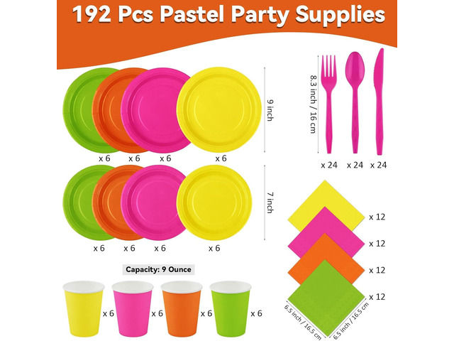 durony 192 Pcs Neon Party Supplies Paper Plates Cups Napkins Hard Plastic Cutlery Forks Knives Spoons Disposable Glow Party Tableware for Fiesta...