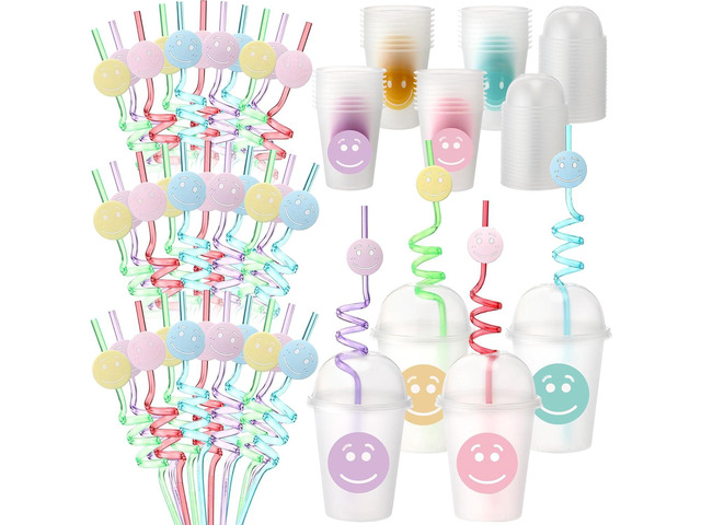 Yaomiao Smile Face Sipper Cups with Straws and Lids, 12 oz Clear Plastic Cups Happy Face Party Cups with Dome Lids Happy Party Favors for Kids,...