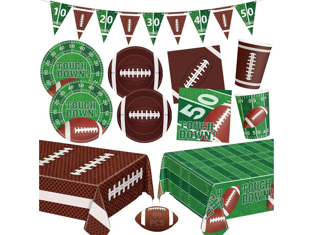 99 Pcs Football Party Supplies Sets, Includes Touchdown Dinner Plates, Dessert Plates, Napkins, Rugby Tablecloths, Cups and Banner for Football...