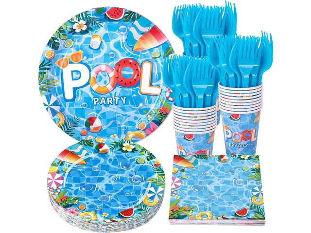 Pool Party Supplies, Summer Decorations include Pool Party Plates, Napkins, Cups and Forks, Pool Decorations Tableware Set for Birthday, Baby...