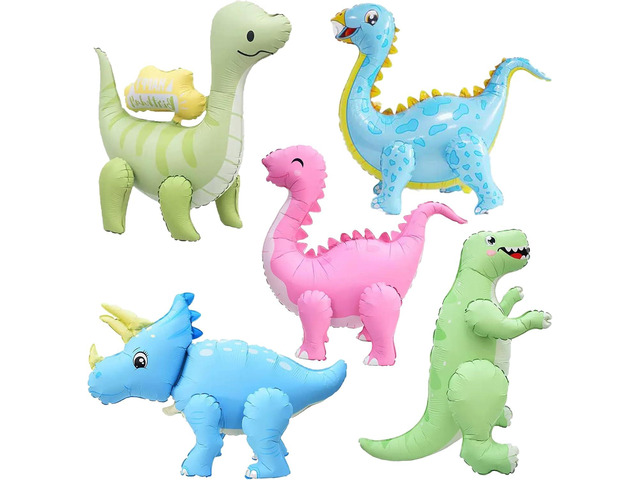 LilyZheng 3D Dinosaur Balloons, 5-Pack Self-Standing Pastel Foil Dino Balloons, Inflatable Dinosaur Party Decorations for Kids Birthday, Jurassic...
