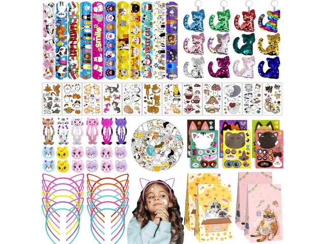 158Pcs Cat Party Favors Set with Cat Headband Keychains Tattoo Stickers Erasers Slap Bracelets Hairpin Goodie Bags Cat Party Supplies Cat Birthday...