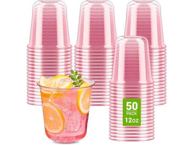 Soelomu 12 oz Pink Plastic Cups, 50 Pcs Disposable Stemless Wine Glasses Cocktail Party Cups for Mother's Day Wedding Birthday Meeting Gathering
