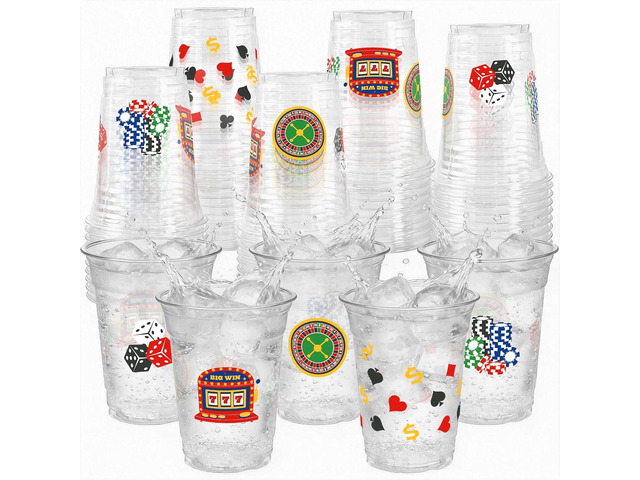 50 Pcs Casino Party Cups, 16 Oz Casino Plastic Cup Poker Clear Disposable Drinking Cups for Poker Game Night Themed Party Decoration Birthday...