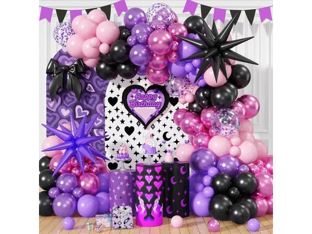 Pink and Purple Balloon Garland Arch Kit, Black Purple Pink Metallic Confetti Latex Party Balloons with Explosion Star Foil Balloon for Girls.