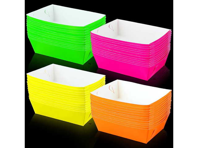 Hoolerry 48 Pcs Neon Glow Party Paper Food Trays Snack Boats for Candy, Popcorn, Nacho, Hot Dog Serving Bowl for Food Buffet Party Supplies...