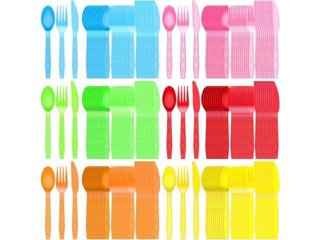 Hoolerry 180 Pcs Disposable Colorful Plastic Silverware Set Neon Party Rainbow Plastic Cutlery Utensils Bulk Includes Forks Spoons Knives for.