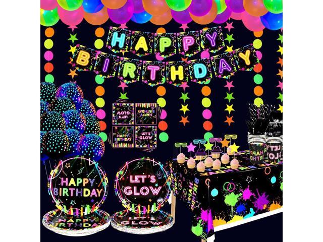 Glow Neon Party Supplies- Glow in the Dark Glow Happy Birthday Banner, Plates, Tablecloths, Cups, Napkins, Straws, Hanging Swirls, Neon Balloons,.
