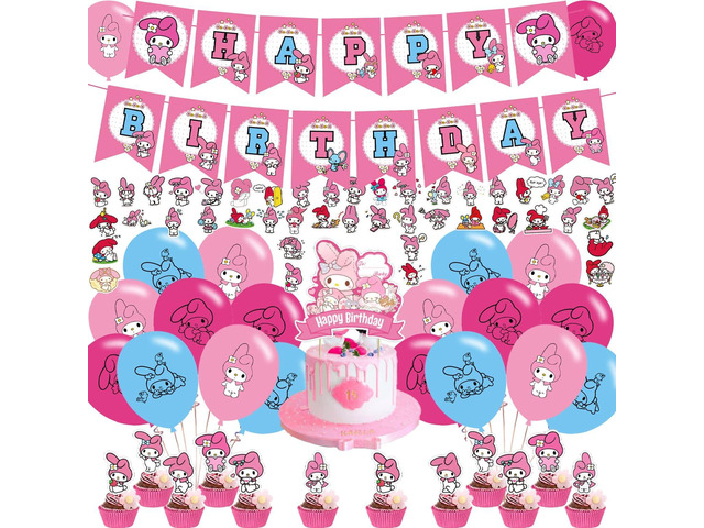 My Melody Party Decorations - Birthday Party Supplies Includes Banner, Cake Topper, 12 Cupcake Toppers, 18 Balloons, 50 My Melody Stickers