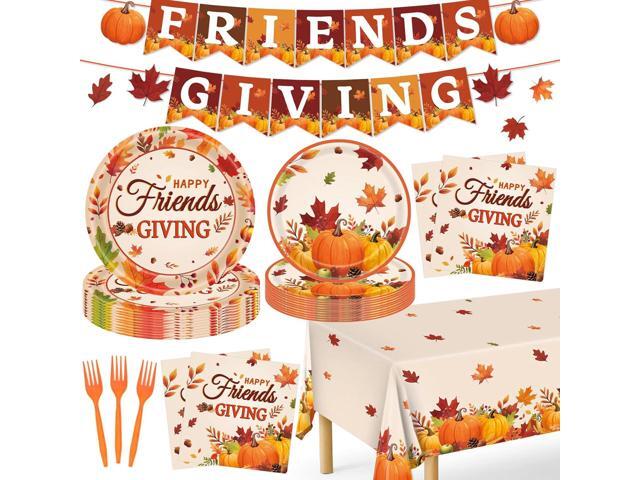 REDWORD Friendsgiving Plates, 98Pcs Friendsgiving Paper Plates-Serve 24 with Friends Giving Banner Fall Pumpkin Tablecloth Napkins for Fall.