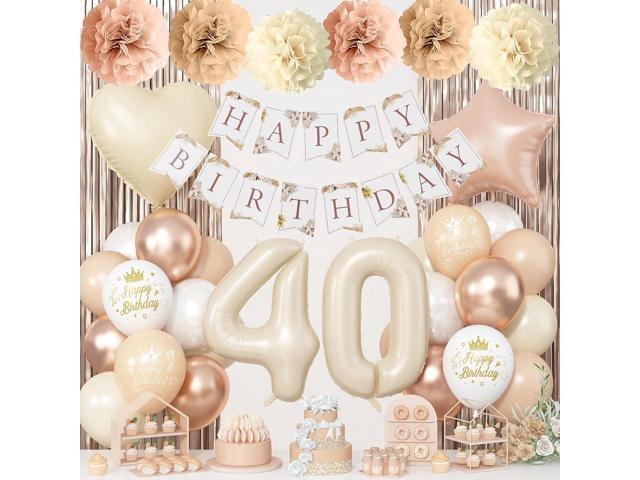 40th Beige Birthday Decorations for Women, Cream Foil Number 40 Neutral Heart Tan Star Balloons Boho White Gold Nude Balloon with Happy Birthday.