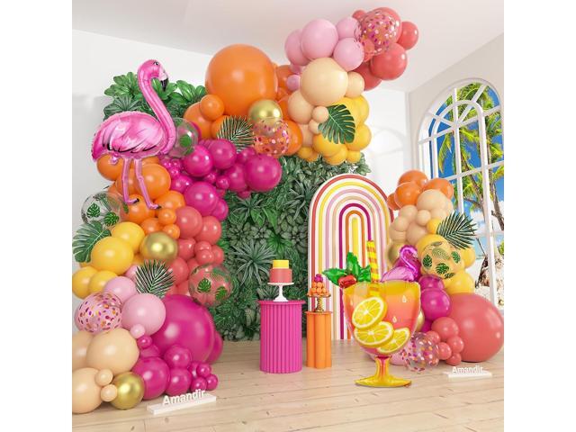 Amandir 165Pcs Tropical Balloon Arch Garland Kit, Sunset Hot Pink Orange Coral Red Yellow Metallic Gold Foil Wineglass Flamingo Balloons for.