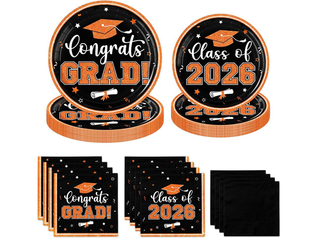 Graduation Plates and Napkins 2026,Orange Graduation Decorations 2026,200pcs Orange and Black Plates and Napkins Graduation Party Supplies for...