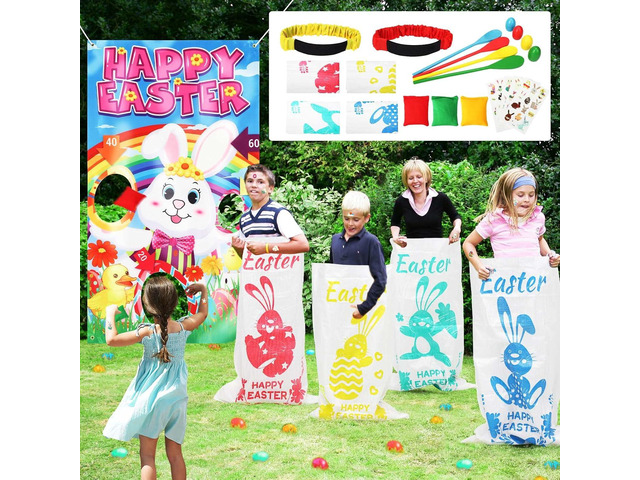 23 Packs Easter Outdoor Party Games for Kids Potato Sack Race Jumping Bags with Legged Race Bands, Egg and Spoon RaceToss Game and Stickers,...