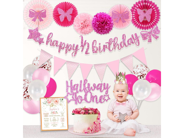 Half Birthday Decorations Baby Girl, Hombae 12 Birthday Decorations Supplies, 6 Months Birthday Decorations, Pink Rose Gold Glitter Half Birthday...