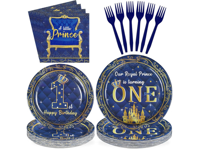96Pcs Royal Prince 1st Birthday Party Decorations Blue Gold Baby Boy Plates and Napkins Blue Gold Little Prince Tableware Set for Boys 1st Birthday...