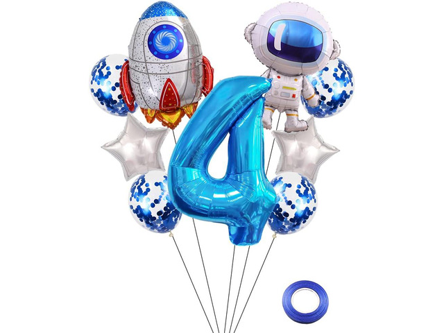 Astronaut Rocket 4th Birthday Party Balloons Jumbo Spaceman Birthday Balloons Outer Space Theme Foil Balloons 32 Inch Blue Number 4 Helium Balloon...
