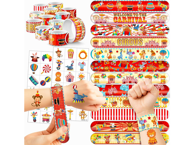 Cherisnowy 72PCS Carnival Party Set 48PCS Temporary Tattoos & 24PCS Slap Bracelets Fun Circus Themed Birthday Supplies, Baby Shower Gifts,...