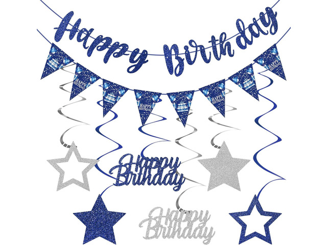 Blue Silver Birthday Decorations for Men Women, Happy Birthday Banner Hanging Swirls for Boys Girls Bday Decor Party Supplies Sign
